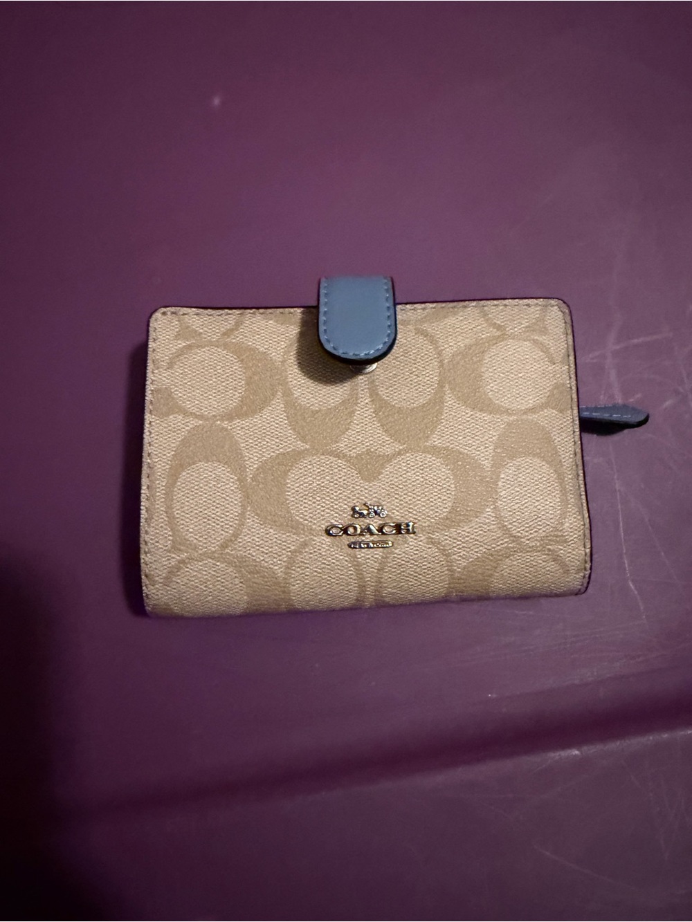Coach Signature Canvas Small Wallet in Khaki with Blue Trim